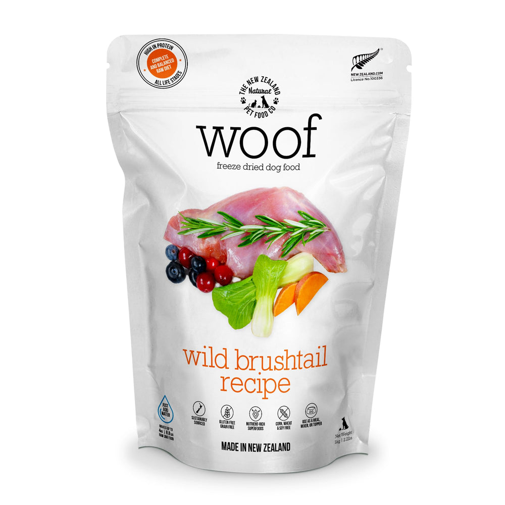 WOOF alimento deshidratado liofilizado Receta Brushtail Salvaje, ideal como topper sabroso.