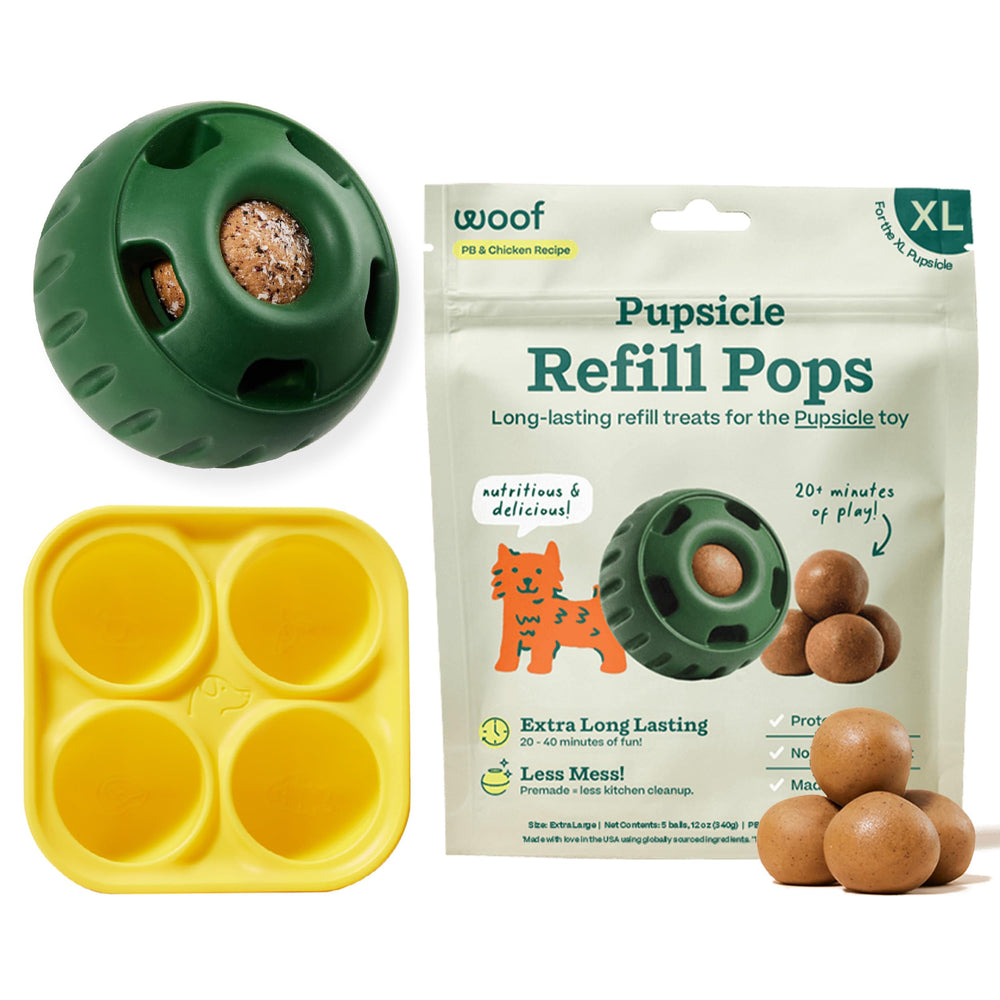 Kit WOOF con juguetes interactivos para perros, ideal para entretenimiento prolongado.