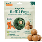 WOOF Pupsicle Refills con mantequilla de maní y carne, ideal para distracción prolongada.