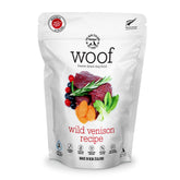WOOF Venado Salvaje Deshidratado en empaque práctico, ideal como snack proteico para perros.