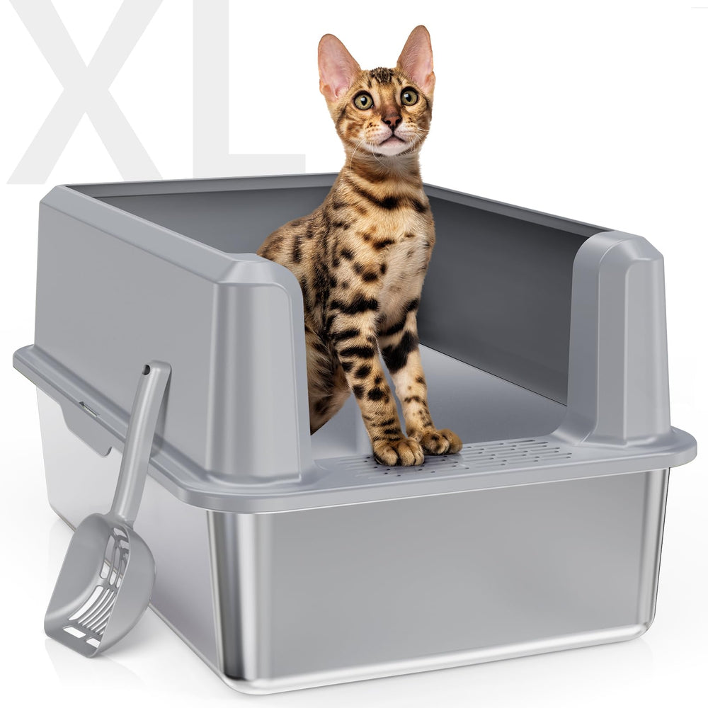 WoofiGo caja litter de acero inoxidable con tapa frontal, diseño higiénico para uso diario.