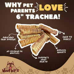 Woofley's tráquea de res, 6 pulgadas, ideal para masticar y recompensas.
