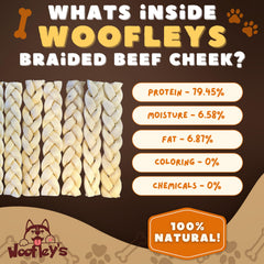 Digestión fácil: trenzas de cachete de búfalo Woofley's sin huesos, aptas para perros sensibles.