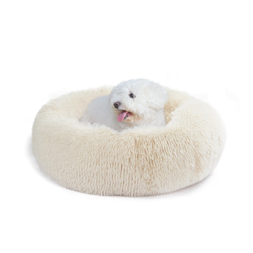 Wrkfree cama para perro pequeño con forma dona blanca crema, ideal para sueño cómodo.