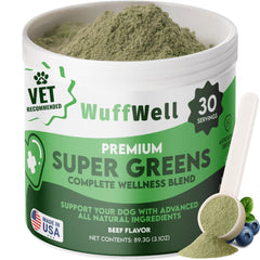 WuffWell envase polvo verde para perros apoya la vitalidad diaria.