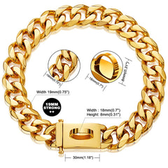 Collar dorado W/W Lifetime, 19 mm de ancho, cadena cubana para perros grandes