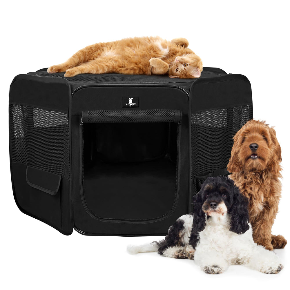X-ZONE PET jaula de juego plegable para perros en interior, muestra amplitud y confort.