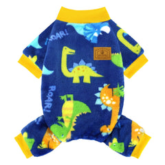 XPUDAC pijama para perro con diseño dino, vista frontal, ideal para abrigar en invierno.