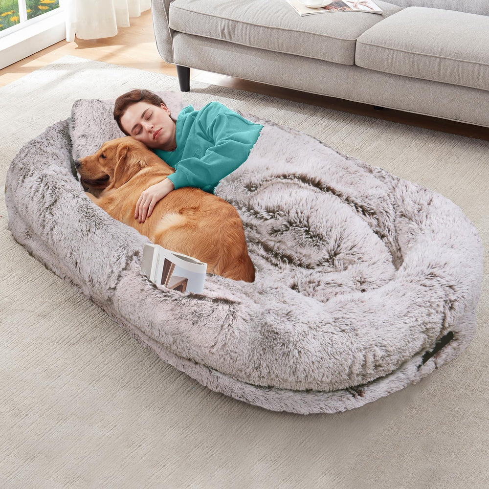 YAEM cama humano-perro con cobertura de pelo sintético para mayor comodidad al dormir