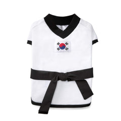 YOUTHDOG uniforme taekwondo con cinturón negro, espalda, muestra elegancia en desfiles caninos.