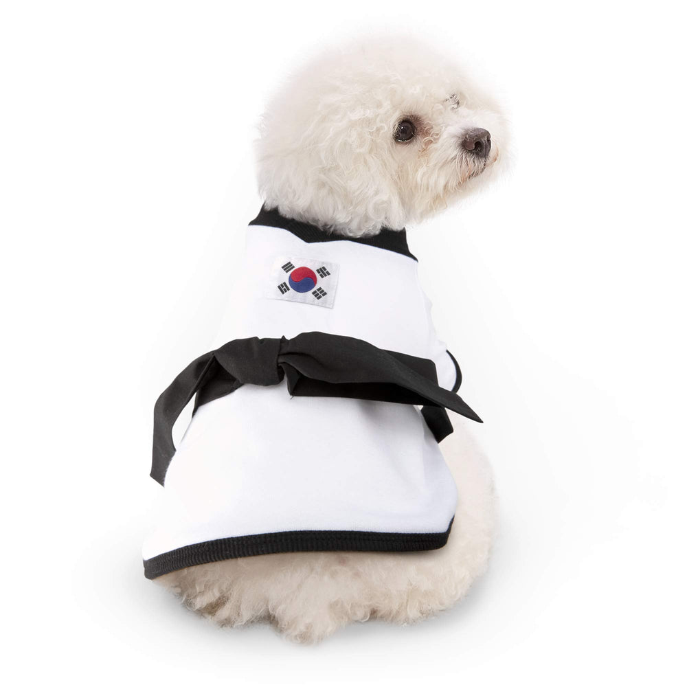 YOUTHDOG uniforme taekwondo con cinturón negro, frontal, ideal para exhibiciones y estilo.