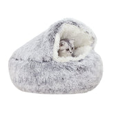 Cama YUDANSI con capucha gris para gatos, descanso cómodo y seguro.