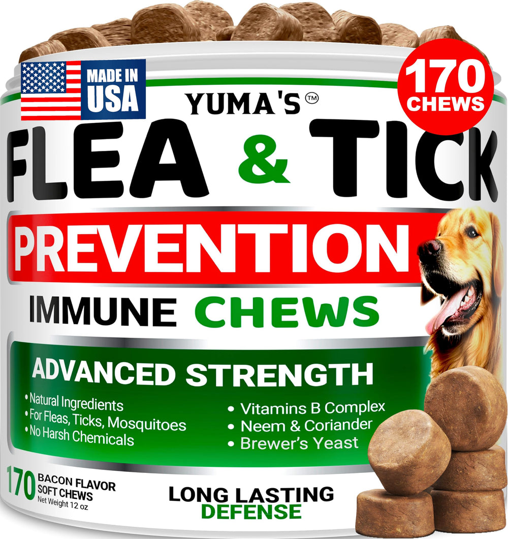 Tabletas YUMA'S para perros en caja, previenen garrapatas de forma natural y conveniente.