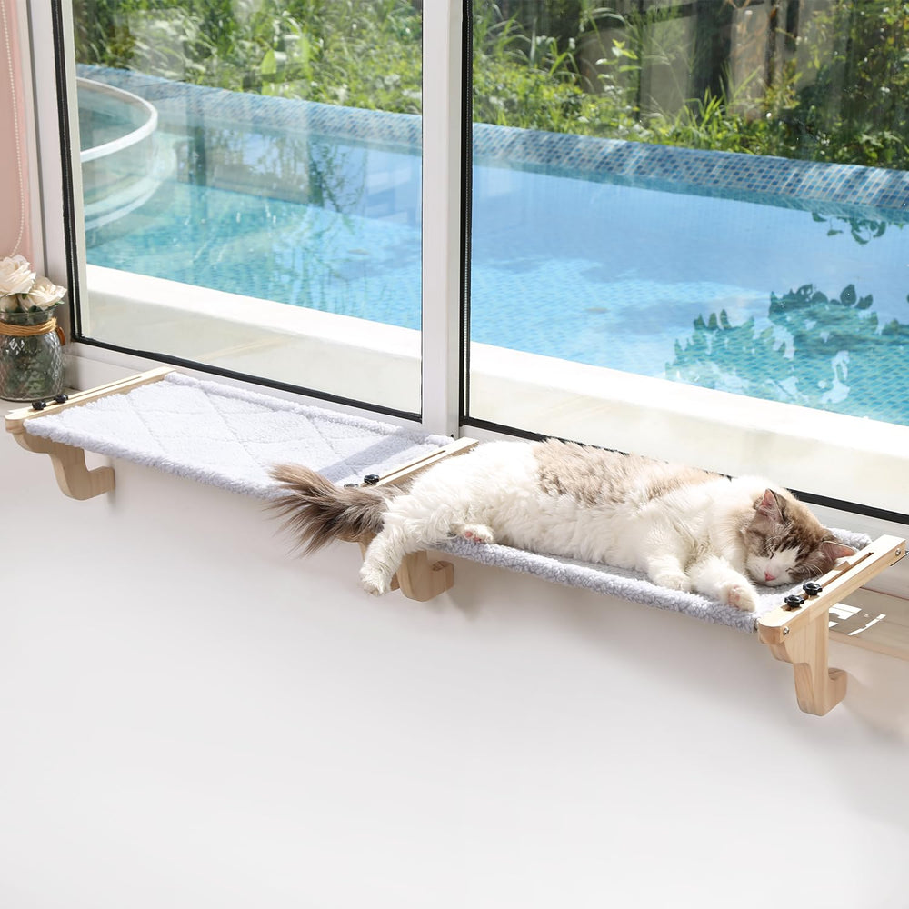 Asiento de ventana para gato Zakkart con marco de pino, estable y cómodo.