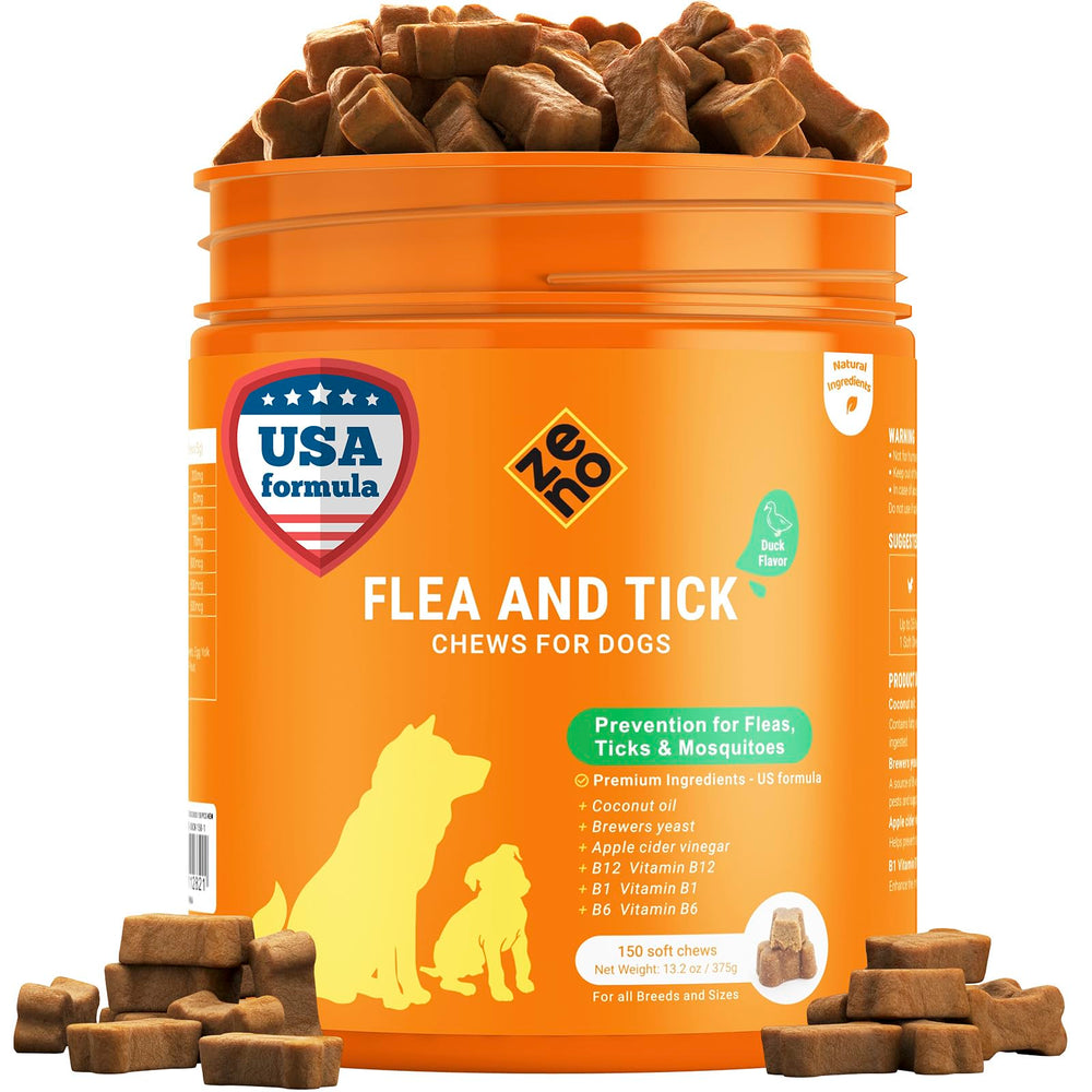 Frasco de ZENO con masticables para perros, opción confiable frente a pulgas y garrapatas.