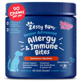 Zesty Paws Dog Allergy Relief bocaditos suaves de salmón apoyan la salud de la piel.