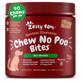 Botella de Zesty Paws Chew No Poo Bites para uso diario y apoyo digestivo.