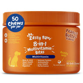 Zesty Paws multivitamínico para perros, botella frontal, soporte general para salud y vitalidad.