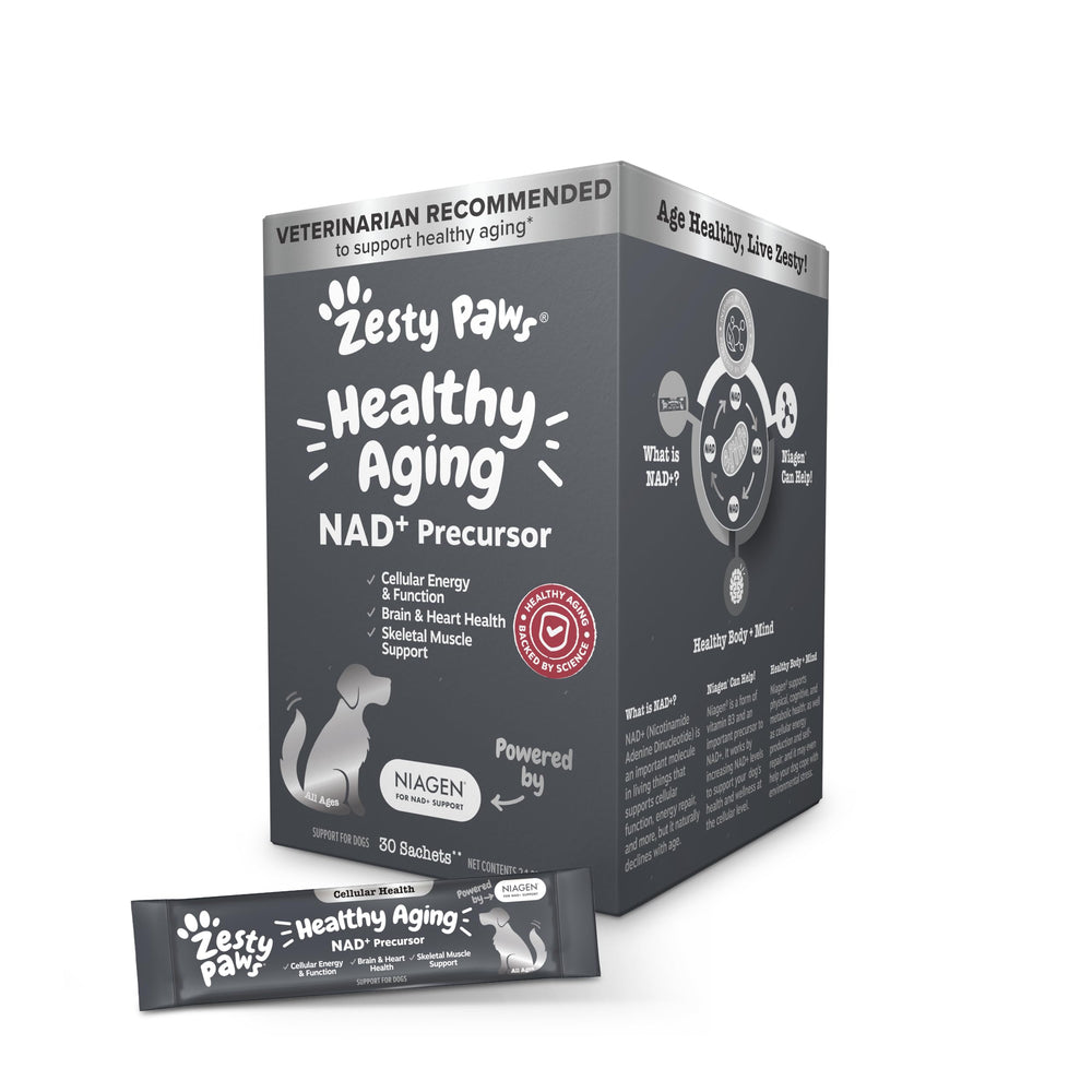 Zesty Paws NAD+ en sobres, dosis para energía celular en perros.