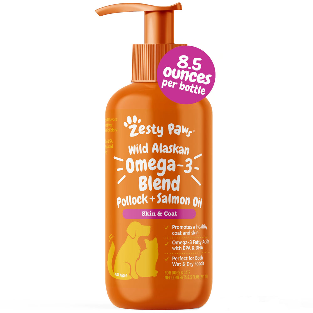 Zesty Paws Omega-3 Wild Alaska, envase vertido, para pelaje brillante y piel nutrida
