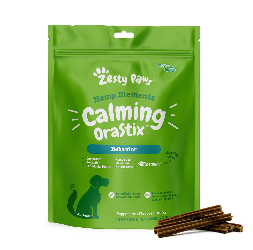 Zesty Paws OraStix empaque para perros, tamaño y presentación.