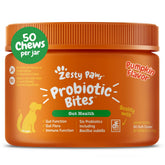 Zesty Paws Probióticos para perros: envase práctico para facilitar la suplementación diaria y apoyar la salud digestiva.