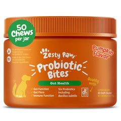 Zesty Paws Probióticos para perros: envase práctico para facilitar la suplementación diaria y apoyar la salud digestiva.
