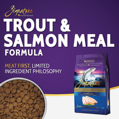 Zignature Trucha y Salmón, etiqueta de ingredientes clave, opción de dieta con ingredientes limitados