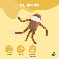 ZippyPaws Crinkle Monkey, cola crinkle, anima exploración y diversión curiosa.