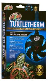 ZooMed TurtleTherm con termómetro digital, mantiene temperatura adecuada para tortugas acuáticas.