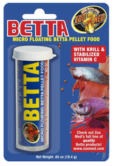 Zoo Med Betta Micro Pellets pack frontal, fácil de dosificar y almacenamiento seguro.
