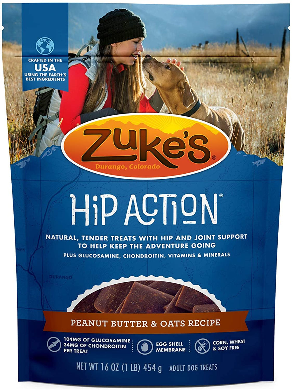 Zuke's Hip Action frente a la bolsa, snack sabroso con glucosamina.
