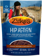 Zuke's Hip Action frente a la bolsa, snack sabroso con glucosamina.
