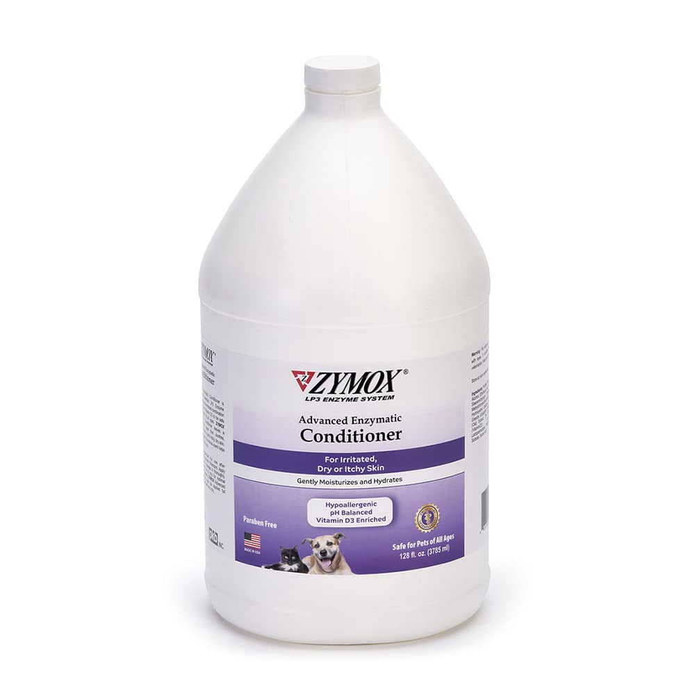 ZYMOX Condicionador Enzimático para mascotas, botella volcada, facilita el vertido y prepara el pelaje.