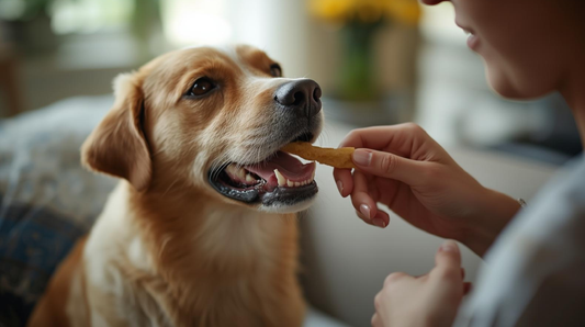 Perro recibiendo snack saludable en casa en México