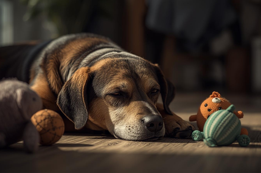 Perro tranquilo en casa con juguetes antiestrés en México