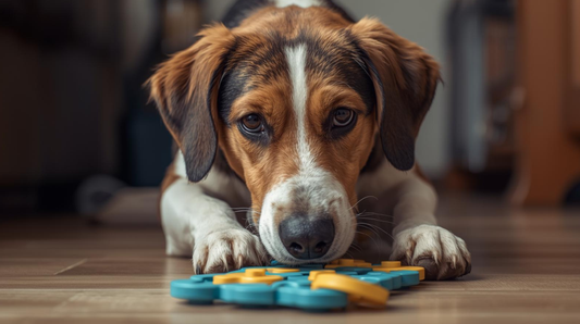 Perro usando juguete de estimulación mental en casa en México