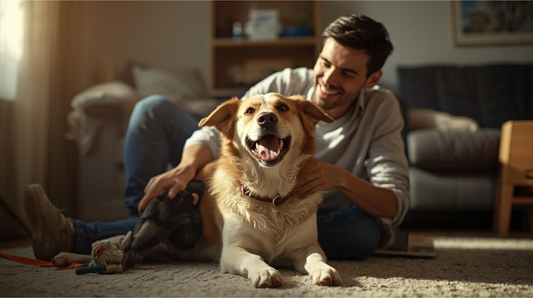 Dueño jugando con su perro en casa en México
