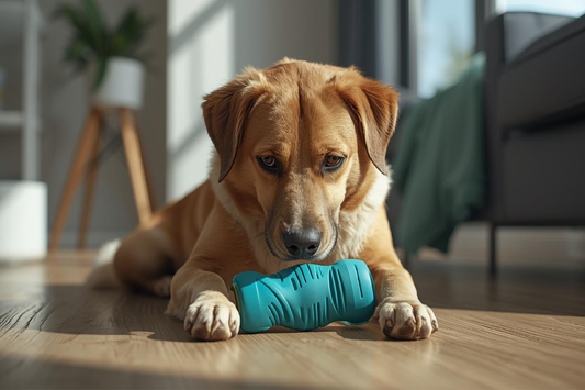 Perro jugando con juguete antiestrés en casa en México