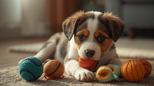 Cachorro jugando con juguete seguro en casa en México