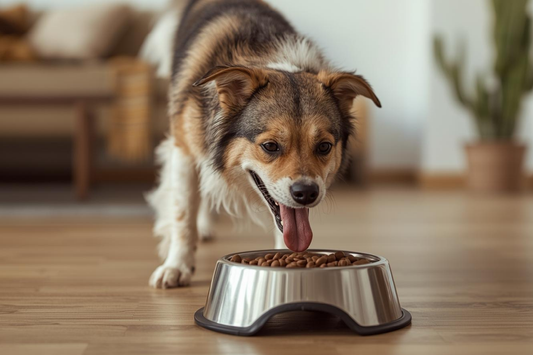 Perro feliz comiendo alimento saludable en casa en México