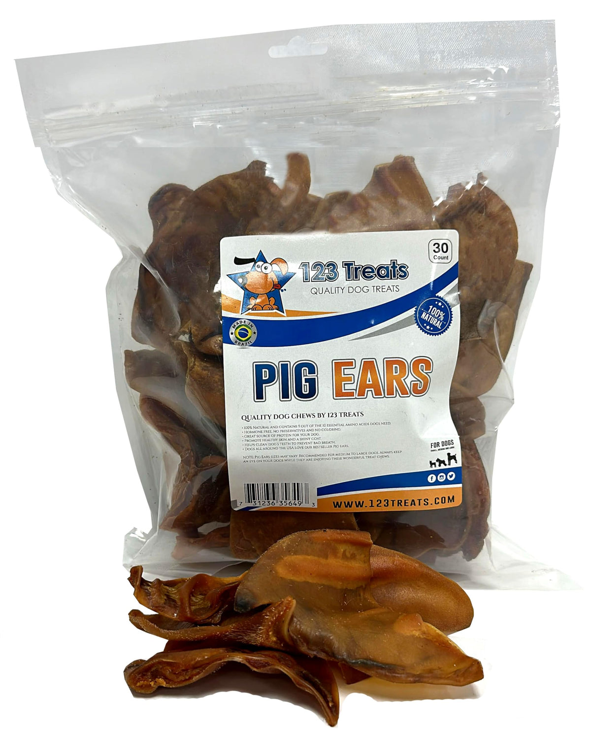 123 Treats orejas de cerdo para perros, primer plano crujiente para masticar
