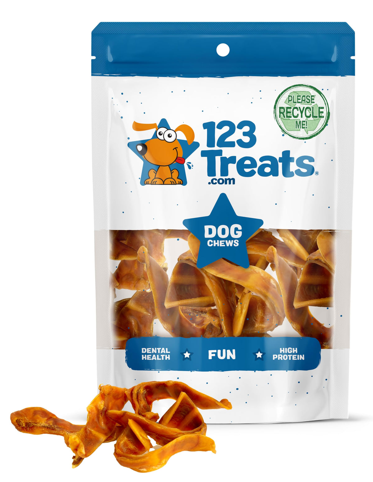123 Treats orejas de cerdo tiras en paquete, snack natural para perros