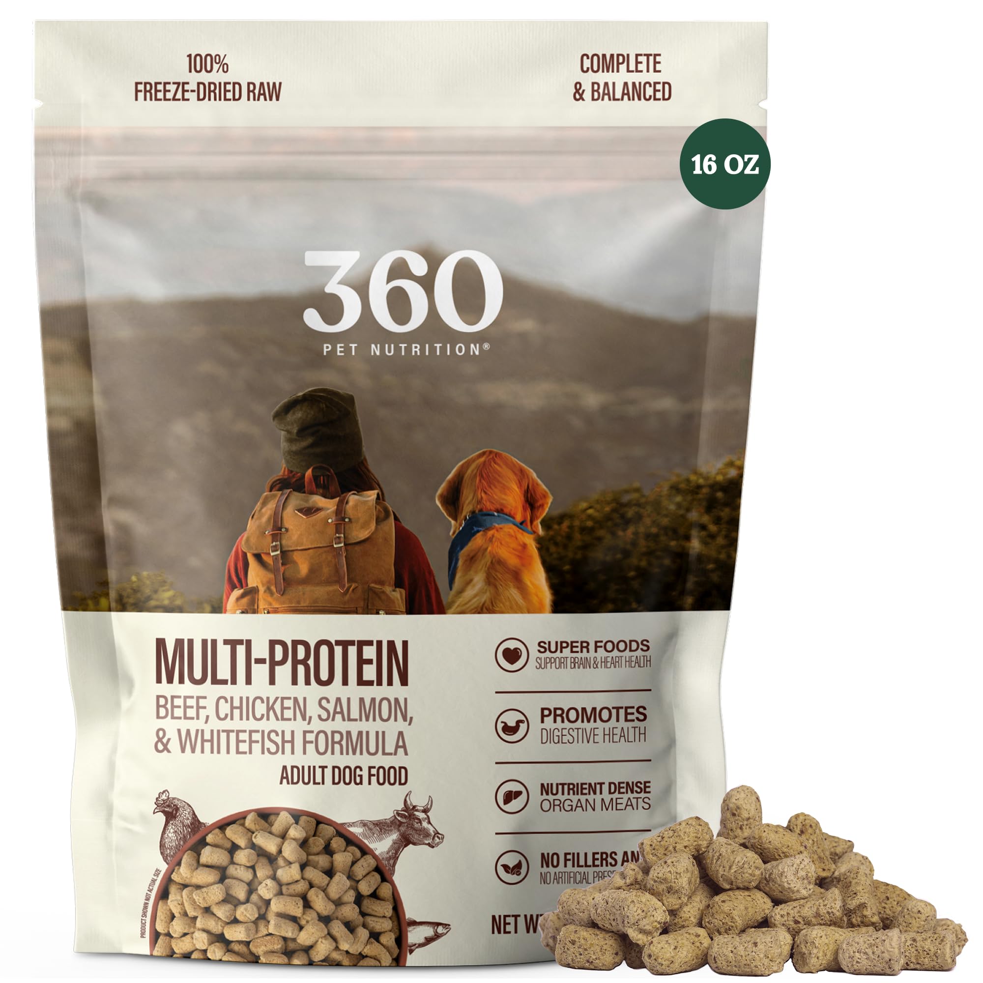 360 Pet Nutrition – bolsa frontal de alimento crudo deshidratado para perros, listo para servir