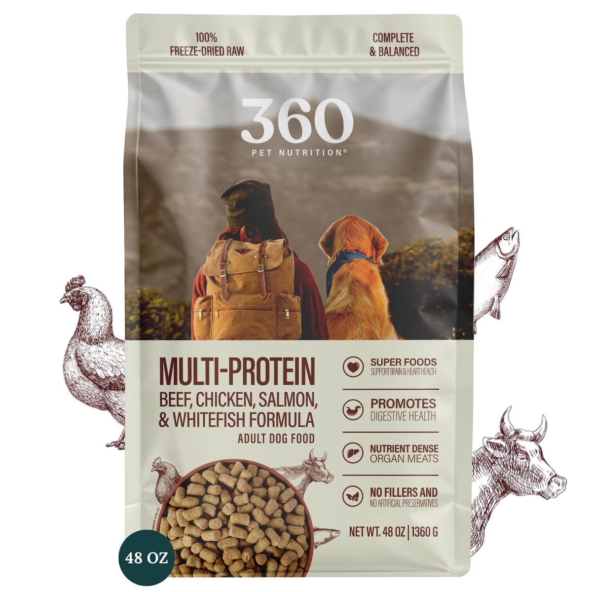 360 Pet Nutrition alimento crudo liofilizado para perros con proteínas variadas
