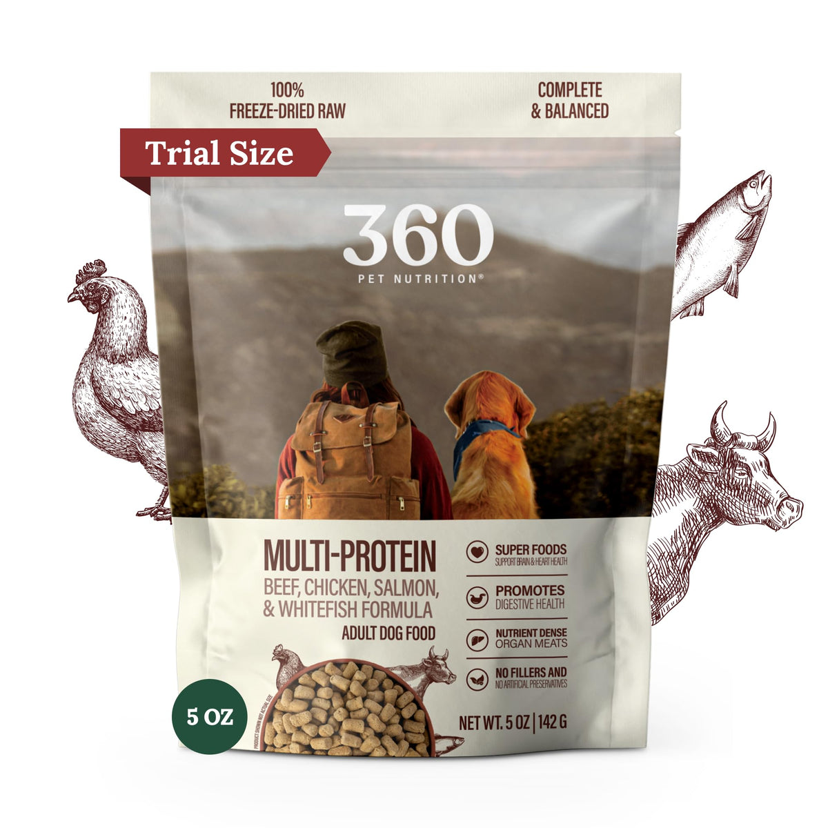 360 Pet Nutrition: trozos de alimento para perro con multi-proteína y sabor apetitoso.