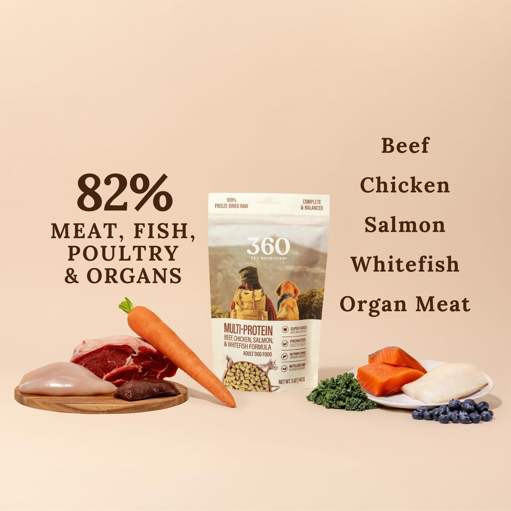 360 Pet Nutrition: envase de 5oz para perro, práctico y sin granos.