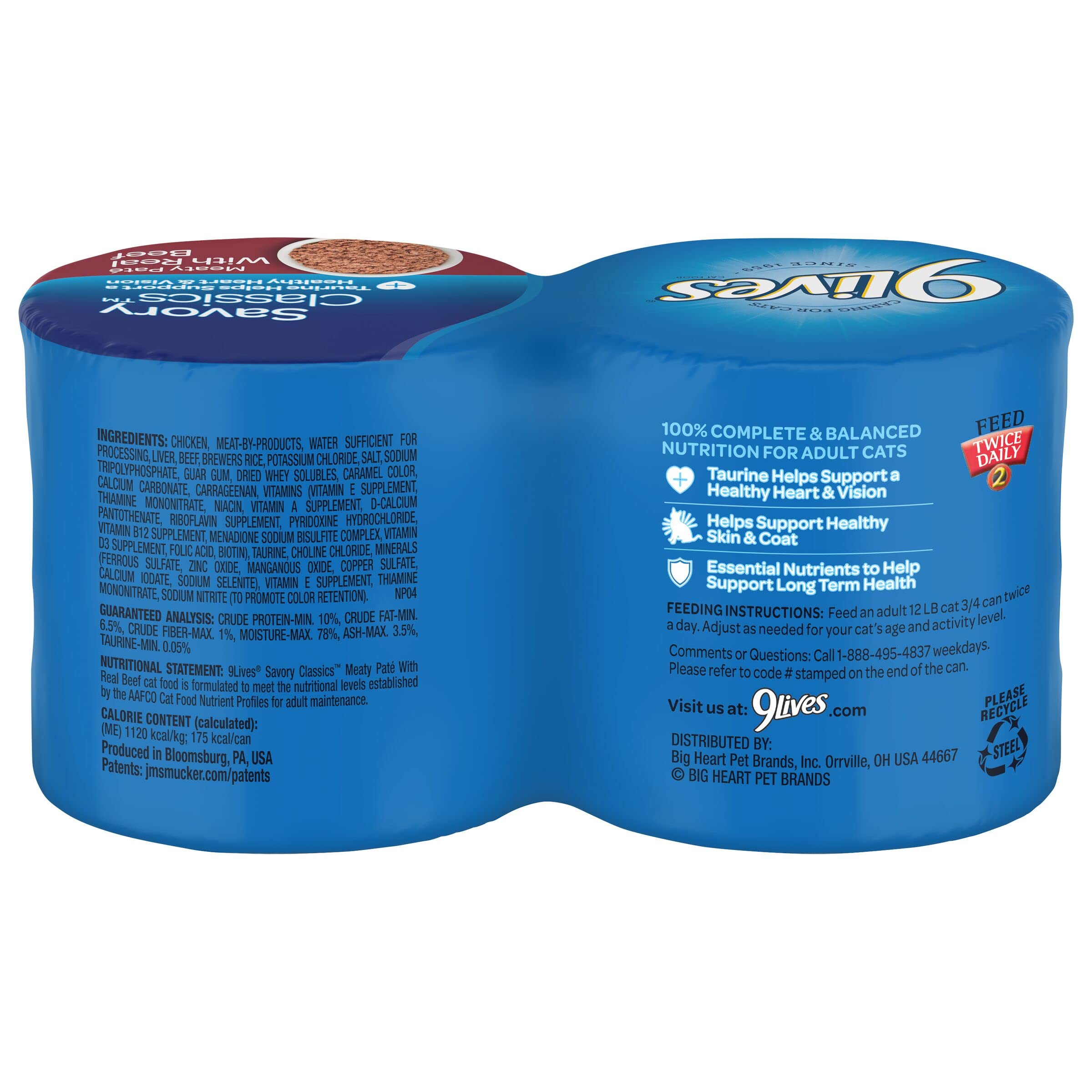 9Lives paté con carne real, ideal como comida principal para gatos adultos.