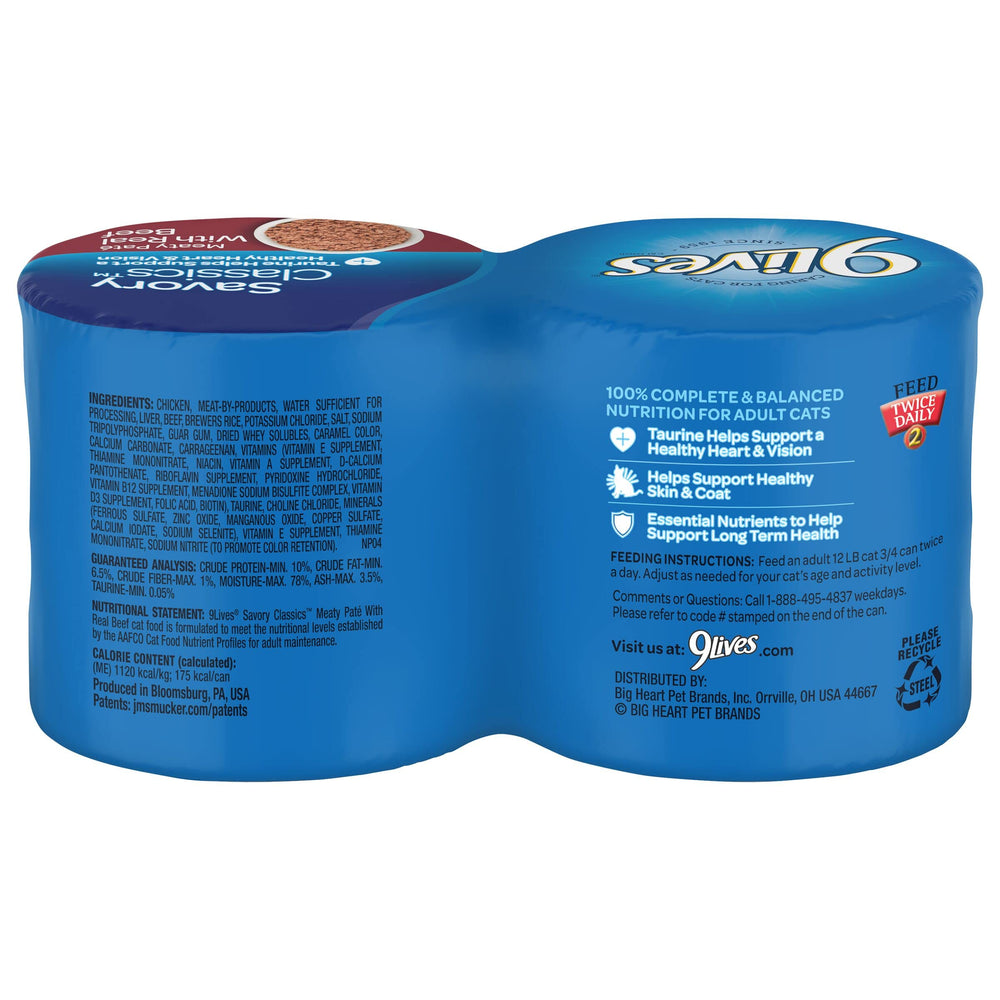 9Lives paté con carne real, ideal como comida principal para gatos adultos.