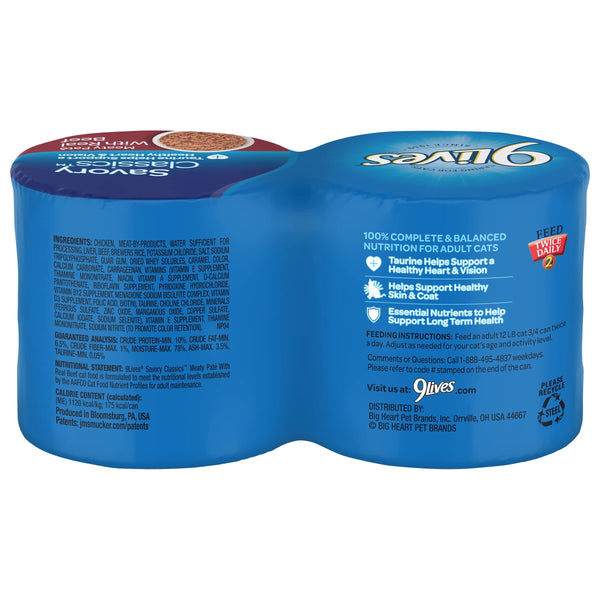 9Lives paté con carne real, ideal como comida principal para gatos adultos.